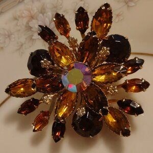 Vtg 50s Orange Topaz & Aurora Borealis AB Rhinestone High End Glam Swedge Brooch